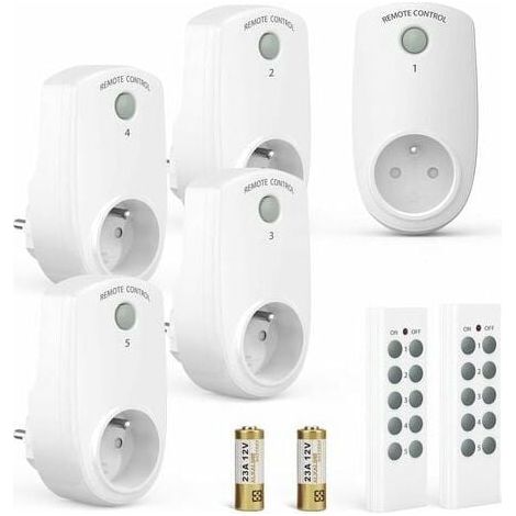 Lot de 5 Prise Programmable Électrique, Prise Télécommandée sans Fil avec 2 Télécommandes 2 Piles Fournies, 30M de Distance de Contrôle dans la Zone Ouverte, Fonction on/Off (1/4)