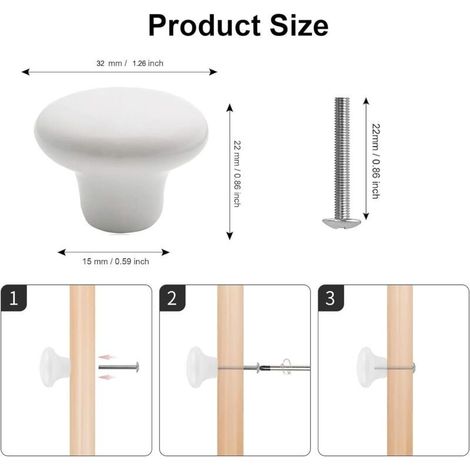 Lot de 10 Bouton En Céramique Blanc, Céramique Poignée Porte, Rétro Rond En Céramique Armoire Tiroir Cuisine Poignée De Traction 32mm Avec 3 tailles de vis (1/3)