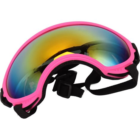 Hunde-Sonnenbrille, winddicht und mit UV-Schutz, aus PC/TPU-Material, mit verstellbarem Riemen, Haustierbrille, geeignet zum Skifahren im Freien, rosa Rahmen, rote Gläser. (1/4)