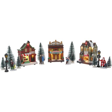 Spetebo – Village de Noël LED – lot de 17 pièces – 9 maisons illuminées – décorations multicolores pour table et fenêtre