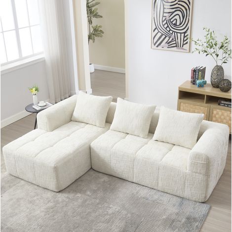 Canapé d'angle 3 places en chenille beige, avec chaise longue, sans installation HAVRYA (1/5)