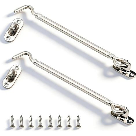 2 Pièces Crochet Porte 205 mm, Attache Porte Argent avec Verrouillage à Crochet, Crochet Cabine en Acier Inoxydable, Comprend Des Vis et Une Base, pour Fenêtres, Portes Coulissantes, Clôtures (1/5)