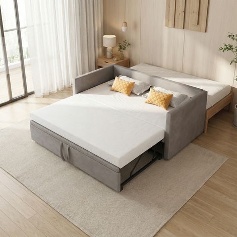 Letto estraibile estensibile da 90 a 180x200 cm, divano letto matrimoniale in velluto, rete a doghe - Grigio (1/5)