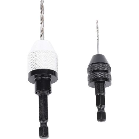 2 mandrins de perceuse sans clé avec 10 forets, mandrin à queue hexagonale de 6,35 mm (1/4 pouce), adaptateur de tournevis à rallonge et convertisseur à changement rapide pour visseuse à percussion. (1/5)