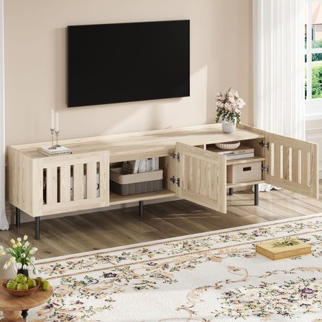 TV-Lowboard MDF und Metall, Naturholzfarbe, 160,0 x 40,0 x 47,0 cm, 3 Lamellentüren, 4 Fächer, für TV bis ca. 65 Zoll (1/5)