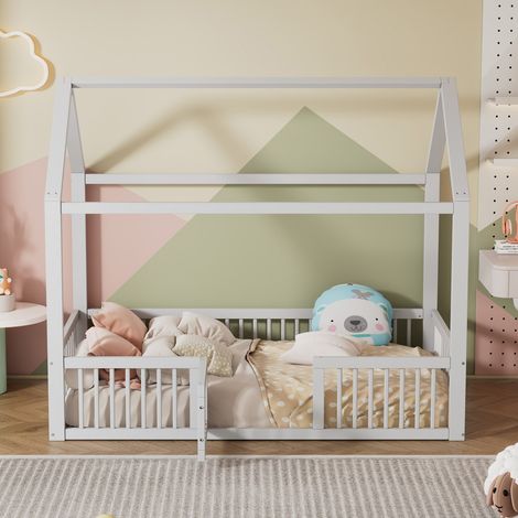 Lit simple en bois massif blanc avec petite porte et structure plate-94,5x204,5x170cm-Sans Matelas (1/5)