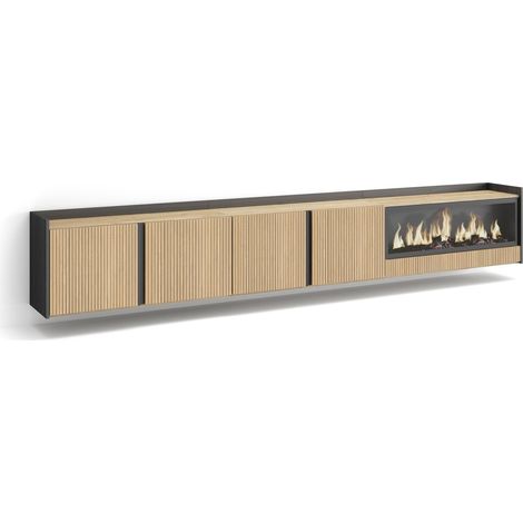 Skraut Home - Meuble TV, Banc Télé, Grand espace de Rangement, 315x35x50cm, Pour les TV jusqu'à 80", Cheminée électrique XXL, Suspendu, Mural, Style moderne, Chêne et noir (1/5)