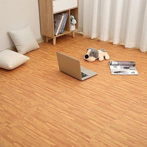 Lot de 12 dalles de sol imitation bois – Tapis de sol en mousse EVA emboîtables, épaisseur 1 cm, avec bordures, tapis de protection et d’exercice pour maison, salle de jeux et sous-sol (1/5)