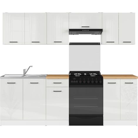 Cuisine complète 240 cm,Ensemble de meuble de cuisine coloris blanc/Craie brillant, plan de travail coloris Chêne doré inclus (1/4)