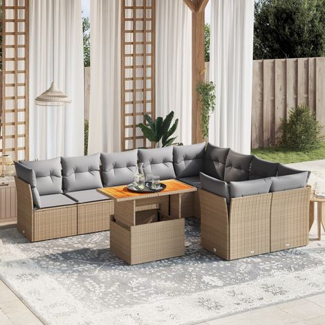 Ensemble Salon Jardin 10 Places Résine Tressée Beige avec Coussins Gris - Table Réglable Bois Acacia - Meuble Extérieur Modulaire (1/3)
