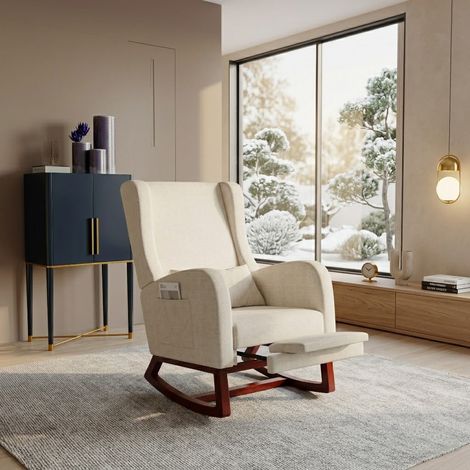 Fauteuil à Bascule avec Repose-pieds, Fauteuil de Relaxation de salon, Rocking Chair avec aspect velours, capacité de charge jusqu'à 150 kg, pour salon, chambre, 64 x 67 x 99 cm (Beige) (1/5)