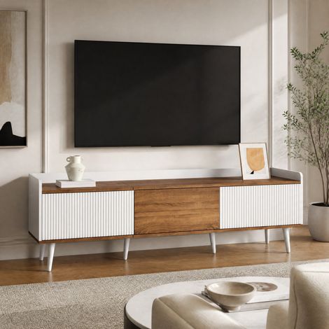 Mobile TV 160 x 39 x 49,5 cm a 3 ante, bianco e legno naturale DESVIAE (1/5)