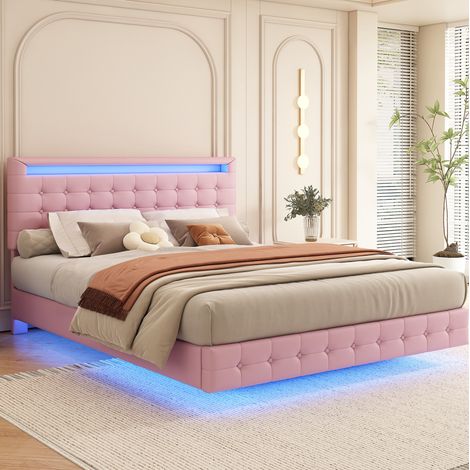 Cama plataforma 140x200 cm de PU y MDF rosa con LED y cabecero regulable FloraGrace (1/5)