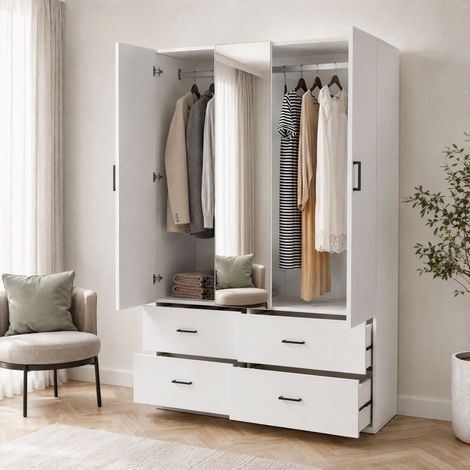 Armoire Chambre avec 2 Portes et Miroir, Armoire Penderie avec 4 Tiroirs et Étagères, Meuble de Rangement pour Vêtements, 130 x 51,8 x 181,5 cm, Blanc Bois (1/5)