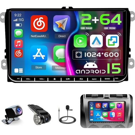 [2G+64G] 9" Android 15 Autoradio avec sans Fil Carplay Android Auto pour VW Golf 6 Golf 5 Polo Passat, 2 DIN écran Tactile pour Voiture avec GPS WiFi USB FM RDS MIC Caméra de Recul+Dashcam (1/5)
