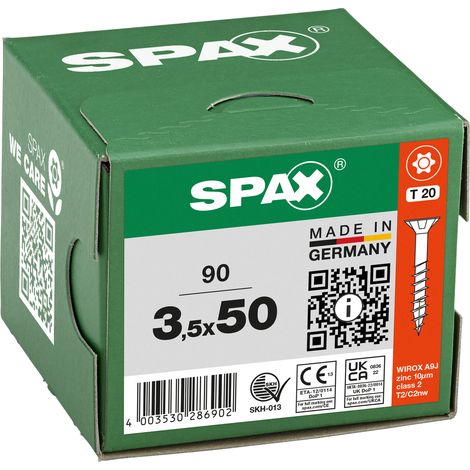 SPAX Vis universelle, 3,5 x 50 mm, 90 pcs, Filetage partiel, Tête fraisée, T-STAR plus T20, 4CUT, WIROX - 8000000286902