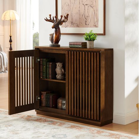 Credenza 99/23,5/82,6 cm color noce con ante scanalate e aperture per prese (1/5)