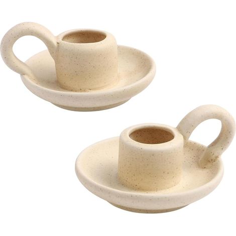 Lot de 2 bougeoirs céramique avec poignée style nordique table mariage beige (1/5)