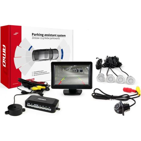 Kit di sensori di parcheggio TFT01 da 4,3" con telecamera LED HD-305 e 4 sensori argentati. (1/5)