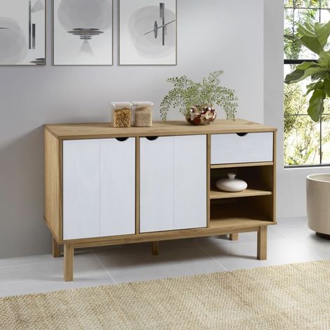 Buffet - Armoire de rangement Enfilade Marron et blanc 114x43x73,5 cm Bois massif de pin BV515868 - BonneVie (1/5)