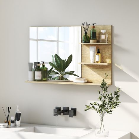 Moderner Badezimmerspiegel mit zwei seitlichen Ablagen und einer unteren Ablage, Wandspiegel aus MDF und Glas, 75 x 10 x 48 cm, Holzfarbe