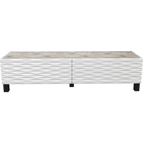 Meuble TV moderne 2 portes bois blanc et beige effet marbre Venuza 149cm (1/5)