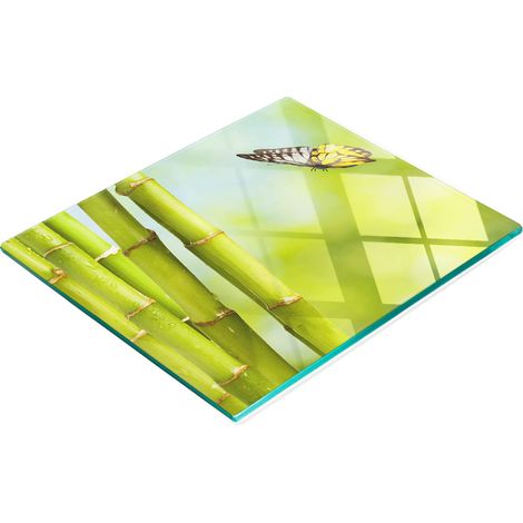 Tabla de cocina de vidrio templado con motivos decorativos de bamb煤 y mariposas, 60x52 cm.