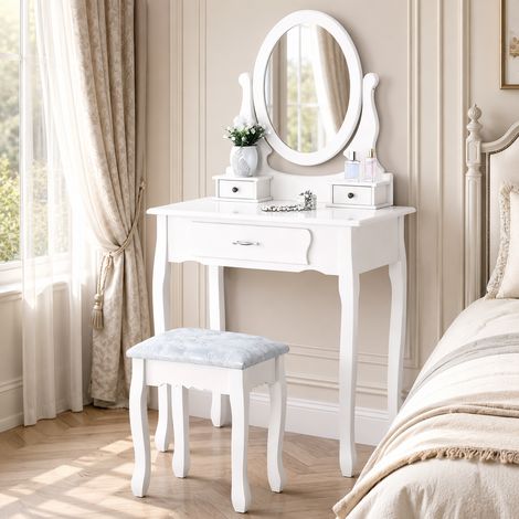 Coiffeuse 75×40×136cm, miroir pivotant amovible à 360°, coiffeuse table,tiroirs et tabouret rembourré, table de maquillage,style moderne, pour chambre et dressing, Bois, Blanc (1/5)