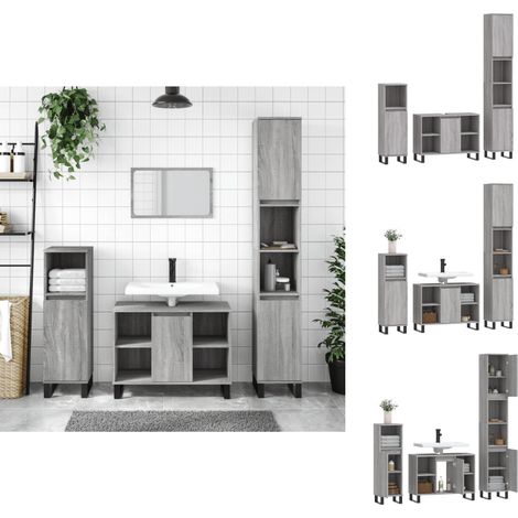 Badezimmermöbel-Sets - Living 3-tlg. Badmöbel-Set Grau Sonoma Holzwerkstoff (1/5)
