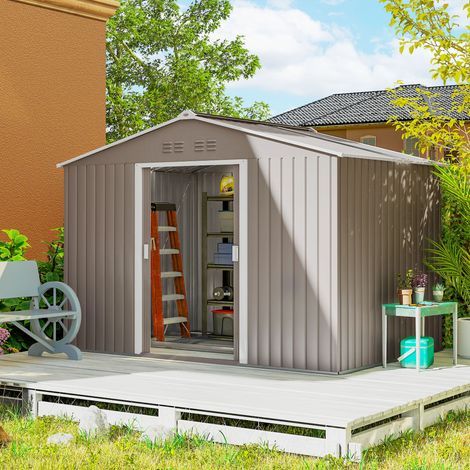 Abri de jardin 277x195x192 cm gris 4,9 m² avec 2 portes coulissantes, toit en fibre de verre et 4 fenêtres clair (1/4)