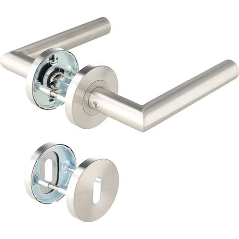 Poignée de porte modèle T - classe 3 - Paire de poignées de porte avec verrouillage WC - Poignée de porte ronde en acier inoxydable mat (1/5)