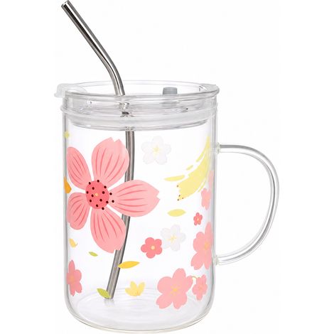 Verre à eau motif cerisier avec couvercle et paille en inox