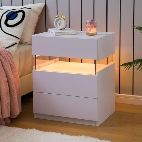 Table de Chevet Blanche LED Table de Nuit avec 3 Tiroirs et 3 Couleurs Lumières, Chevet de Lit pour Chambre Salon Bureau, Blanc
