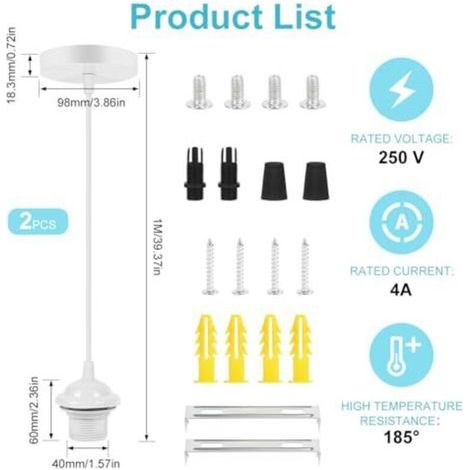 Lot de 2 douilles E27 blanches, suspension pour lampe avec anneau de serrage, douille E27 pour suspension avec câble réglable de 90 cm pour plafond de salon ou salle à manger. (1/4)