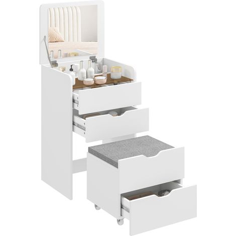Table de Maquillage 3 en 1 avec Miroir Rabattable, Tabouret Escamotable, Coiffeuse Blanche avec Tabouret Rembourré à Roulettes, 3 Tiroirs, Plateau en Verre Transparent, Compartiment, Gain de Place