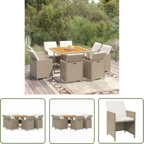 The Living Store 9-tlg. Garten-Essgruppe mit Kissen Poly Rattan Beige - Gartenmöbel - Essgruppe - Outdoor Möbel - Rattan Gartenmöbel - Gartenset (1/5)