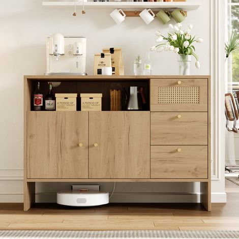 Sideboard aus Spanplatte in Natur mit 2 Türen, 3 Schubladen und offenem Fach, Rattan-Details 105 x 40 x 76 cm (1/5)