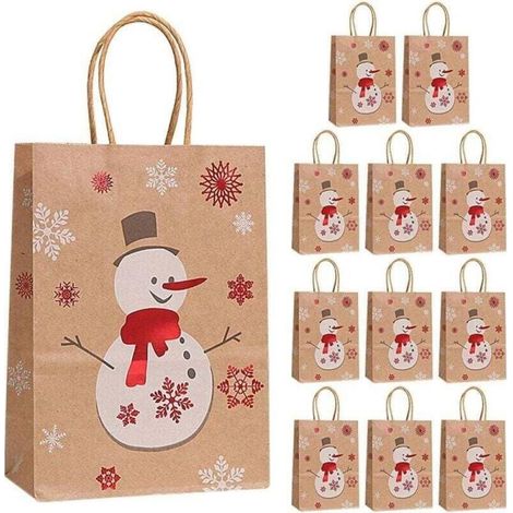 Lot de 12 sacs en papier marron de Noël, sacs cadeaux de Noël, sacs de décoration de Noël avec poignées, 21 x 15 x 8 cm, motif bonhomme de neige (1/4)
