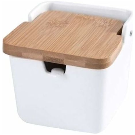 Pot à épices Pot à épices carré en céramique Porte-épices avec couvercle en bambou cuillère (blanc)-Fei Yu (1/3)