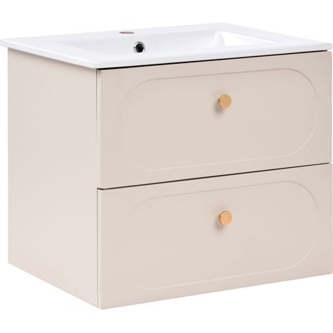 Mobile da bagno sospeso con lavabo e 2 cassetti con maniglie dorate beige Tarumir (1/5)