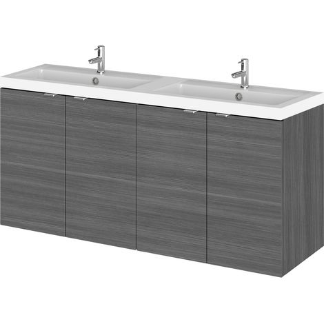 Hudson Reed Fusion Wall Hung 4-Door Vanity Unit with Double Basin 1200mm Wide - Anthracite Woodgrain (1/6)