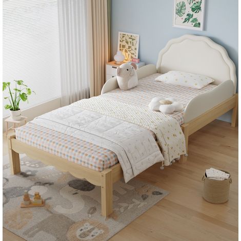 Letto singolo per bambini imbottito, legno beige/naturale 90x200 cm con testiera in PU, sponde laterali e rete a doghe