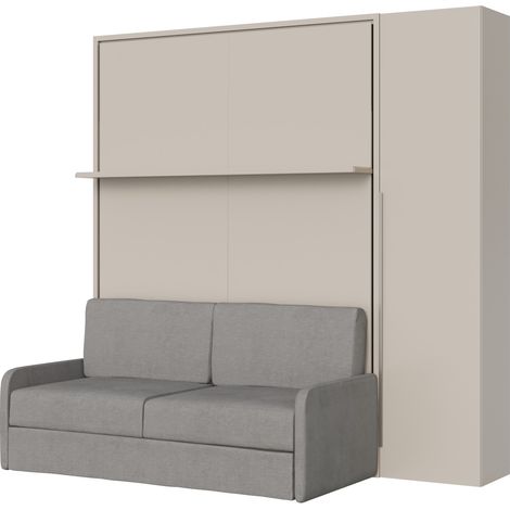 Lit double vertical escamotable Versia Sofà 160 avec canapé, étagère et armoire 1 porte droite Argilla