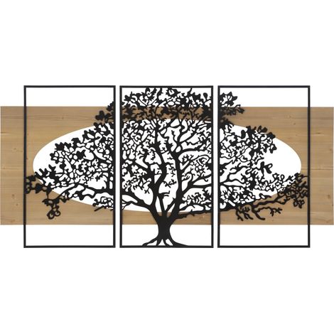 Ensemble de 3 panneaux muraux en fer et bois avec motif arbre, 176 x 2 x 90 cm (63 x 2 x 90 - 50 x 2 x 90 cm) (1/5)