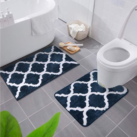 Lot de 2 Tapis de Bain Antidérapant,Tapis Salle de Bain Absorbant en Microfibre Douce,Tapis de Salle à Motifs marocains, Lavable en Machine - 50 x 76 cm + 50 x 60 Contour WC, Bleu Marine (1/5)