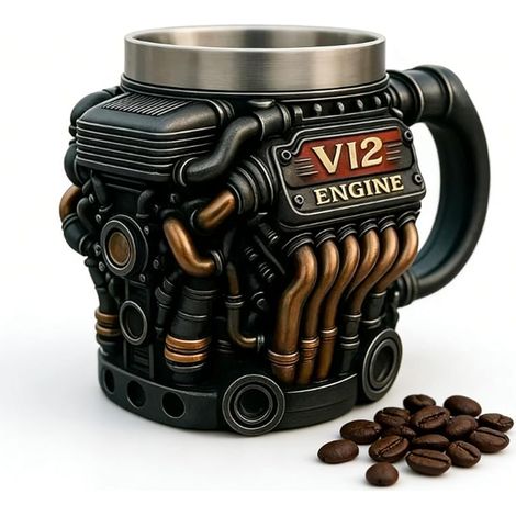V12 Tasse à café moteur V12, tasse à café design moteur V12, décoration créative pour tasses, porte-boissons lactées, tasse à café avec design détaillé, cadeau pour homme mécanicien (noir V12) (1/5)