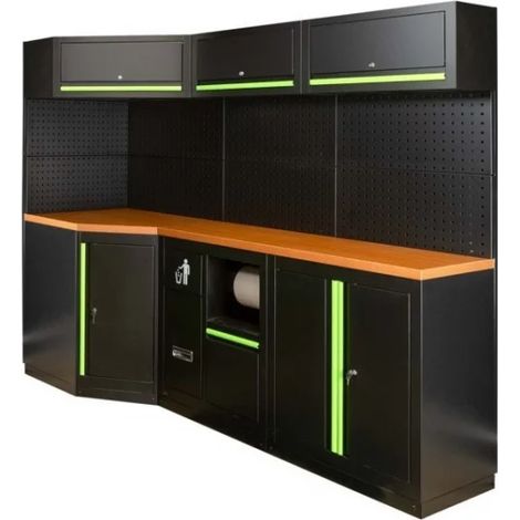 JBM – Composizione arredo officina angulaire 10 modules en acier – Esthétique grise – Surface de travail MDF 136x50 cm – Pour garage et atelier