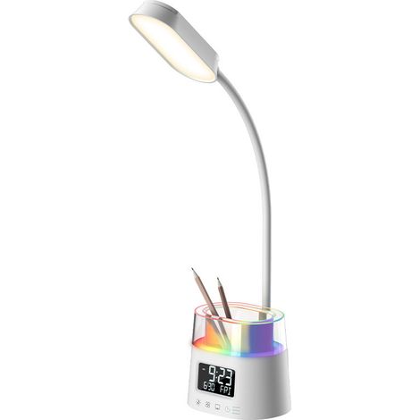 Lampe de lecture simple et multifonctionnelle protégeant les yeux, avec porte-stylo, calendrier perpétuel, réveil et éclairage d'ambiance en sept couleurs. (1/2)