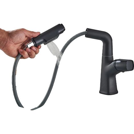 Grifo de lavabo extraíble, giratorio 360°, negro mate. (1/2)