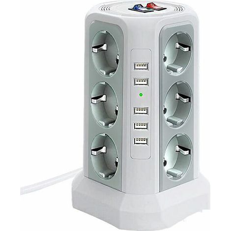 Multiprise tour parafoudre 12 prises CA et 5 ports USB – Protection 1500 J – 2 m câble – 3 interrupteurs indépendants – Blanc et gris argenté (1/4)